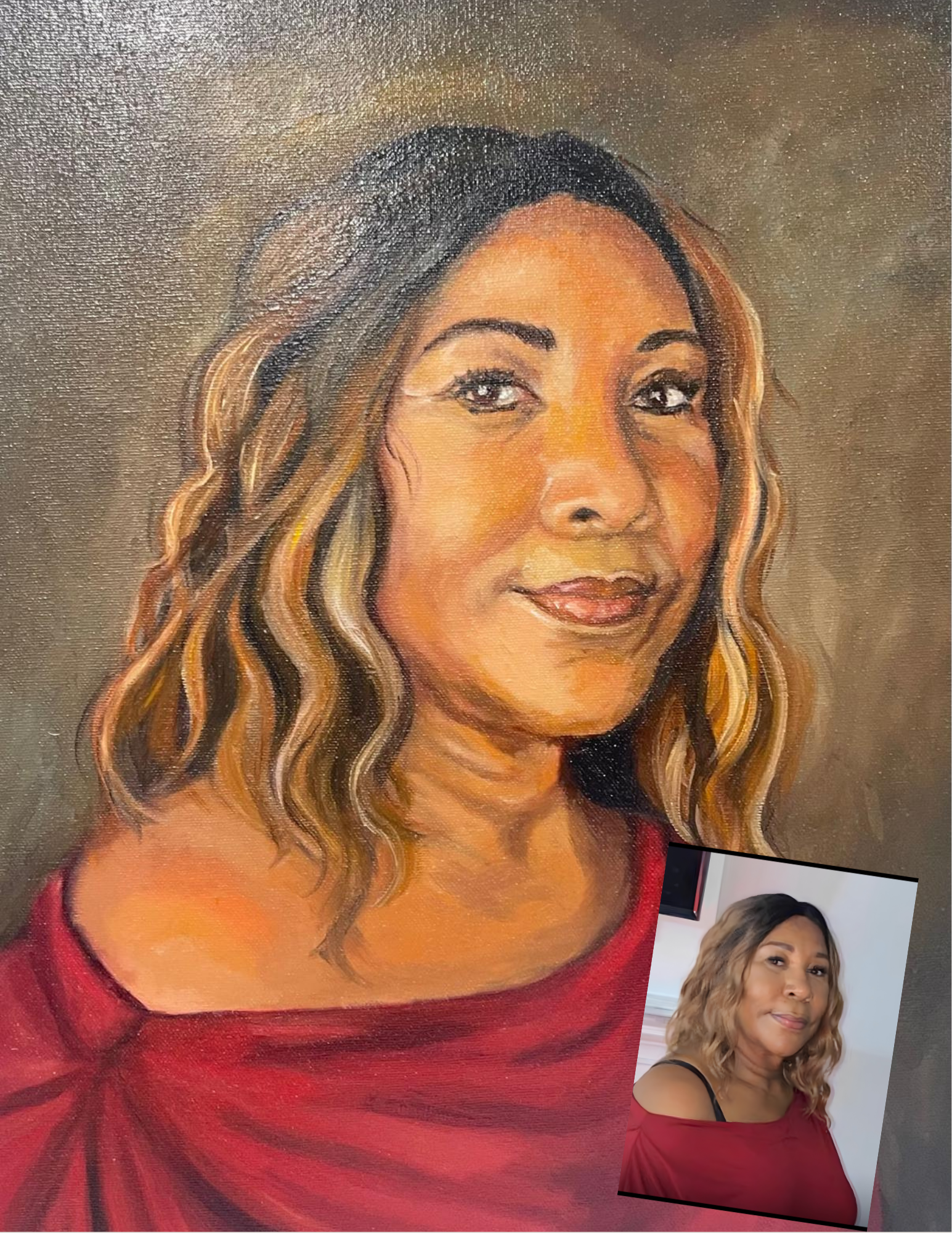 Custom oil portrait of a woman in a red saree painted from a photo by Jolly Rubin
